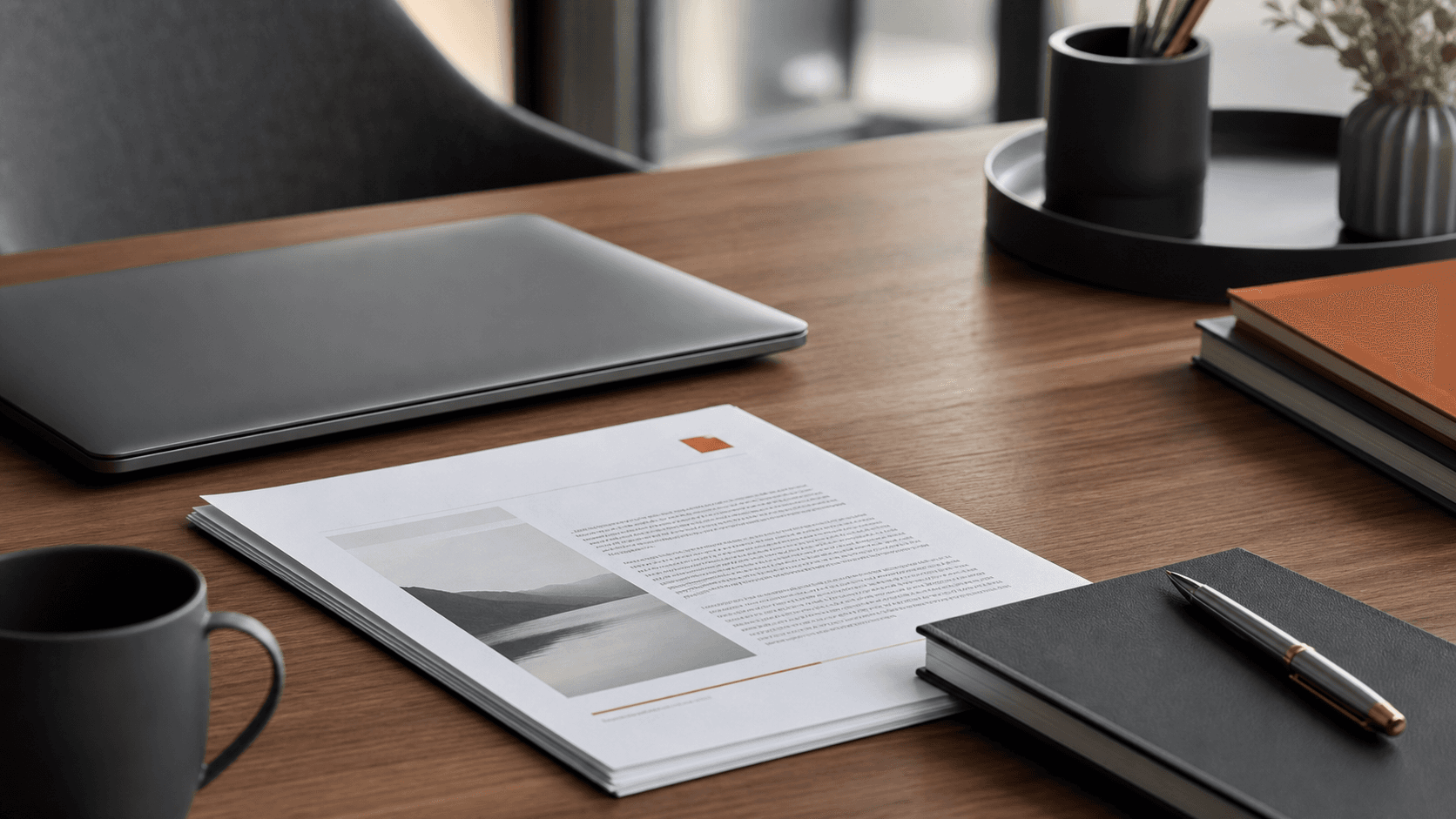 Research materials on a desk.
