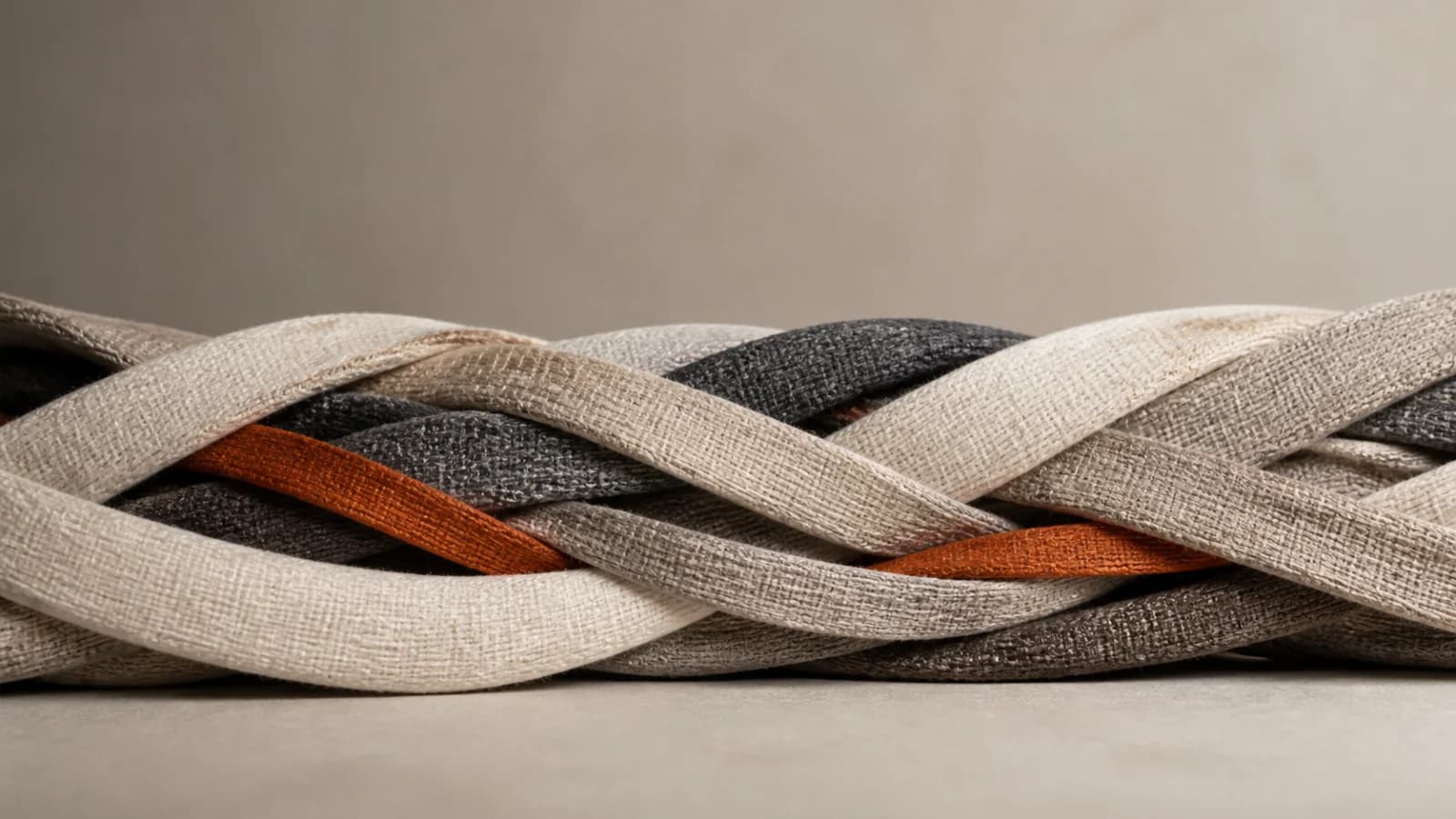 Interwoven ivory, charcoal, taupe, and burnt-orange textile bands.